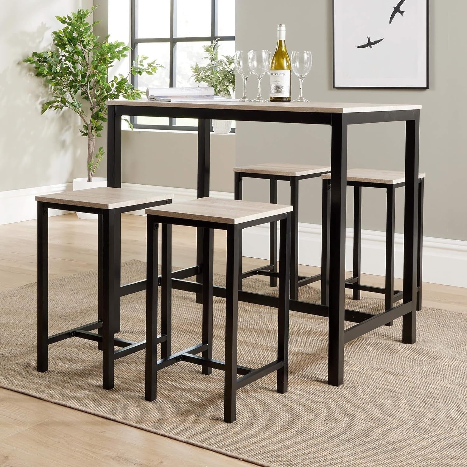 5-Piece Breakfast Bar Table & 4 Stools Set Industrial Oak Effect Dining Home