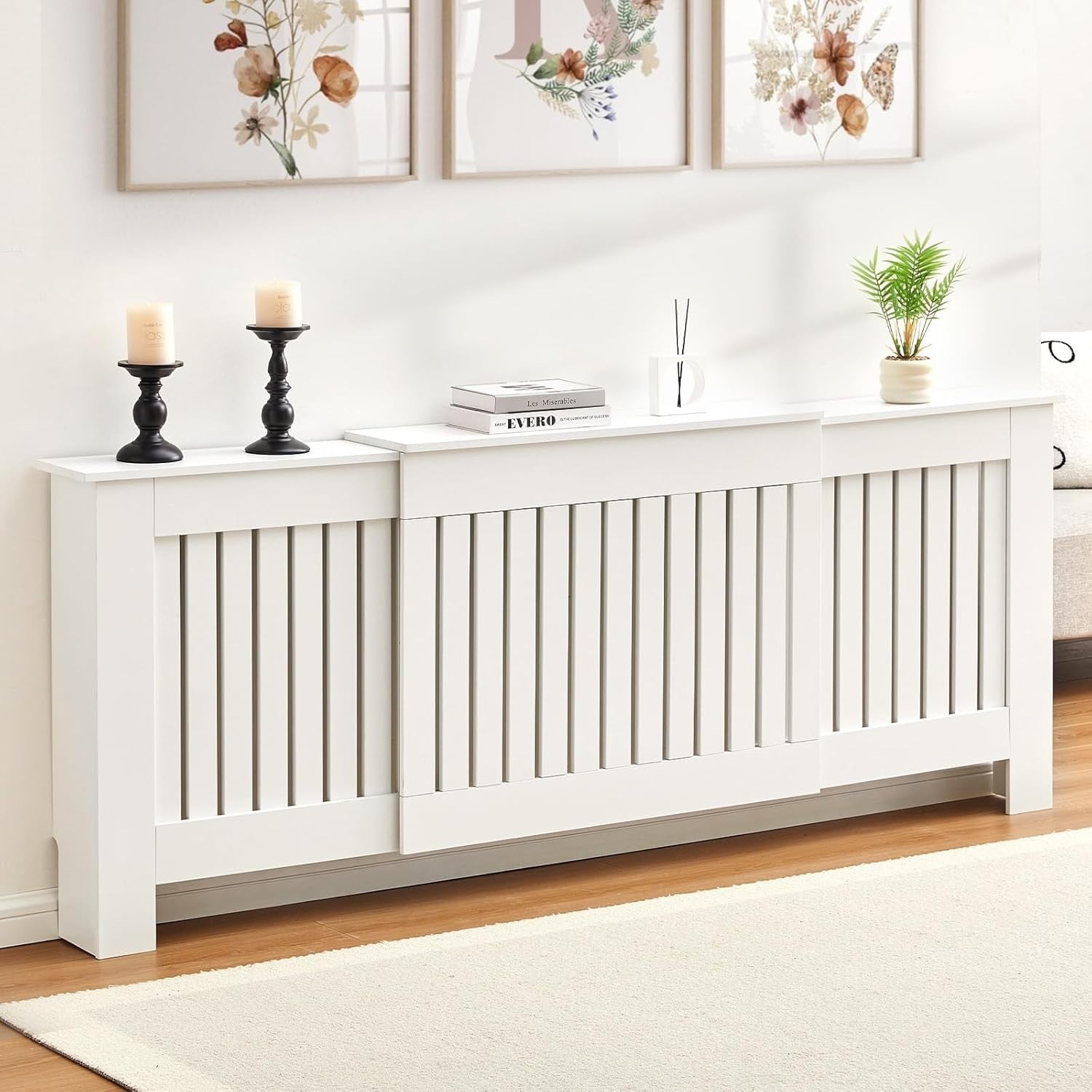 Extendable Radiator Cover White Adjustable MDF Slatted Heating Cabinet Shelf