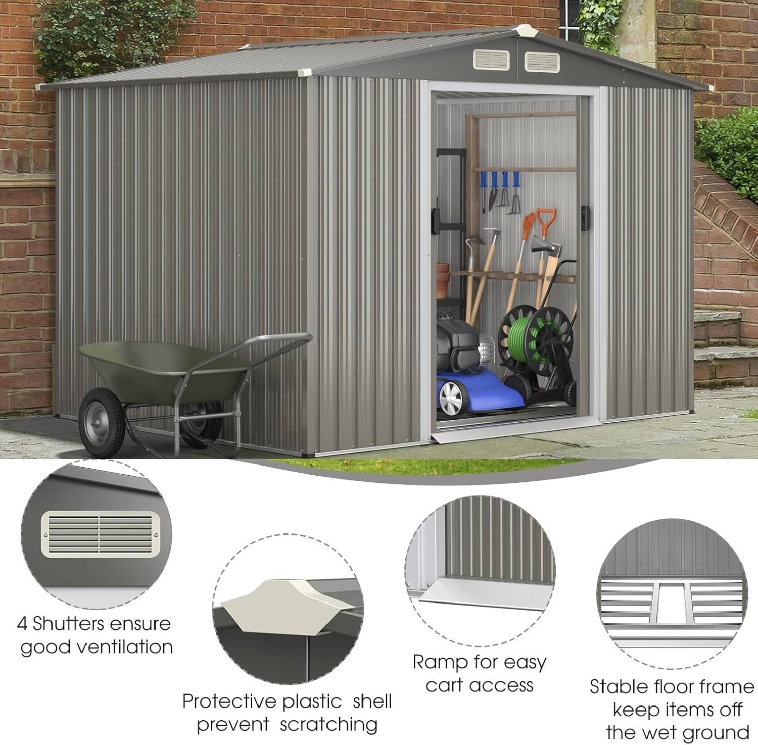 8.5x7FT Metal Garden Shed with Double Sliding Doors & Floor Foundation
