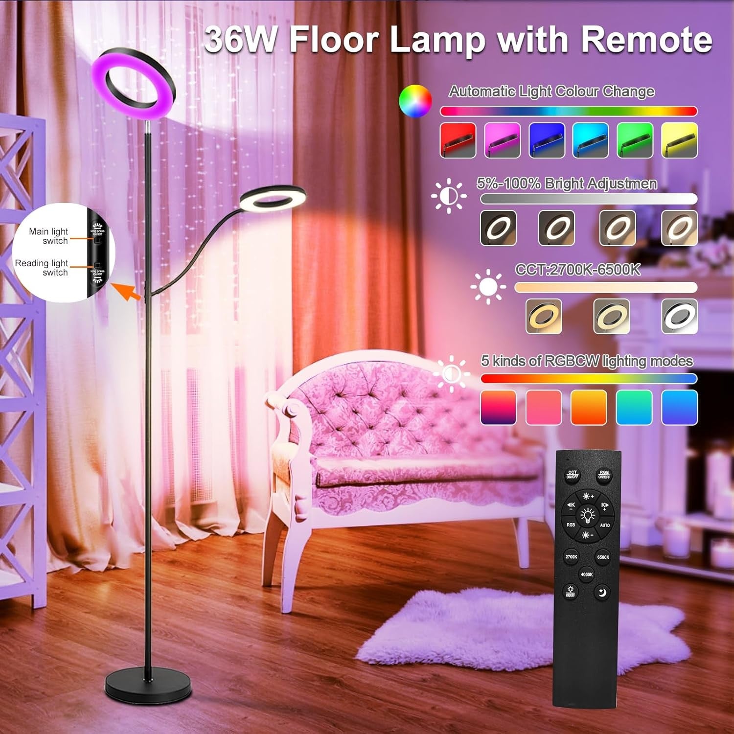 RGB LED Floor Lamp 36W 3600LM Dimmable Torchier with Reading Light