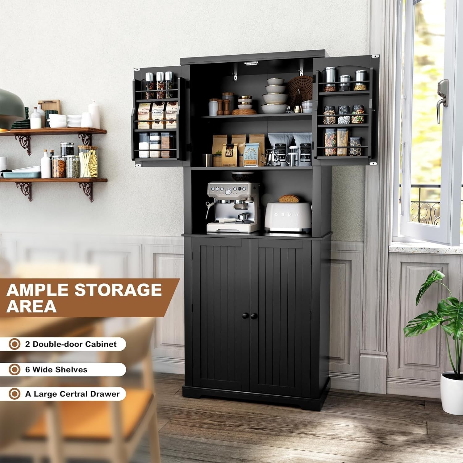 Black Tall Kitchen Pantry Cabinet Storage Cupboard Doors Shelves
