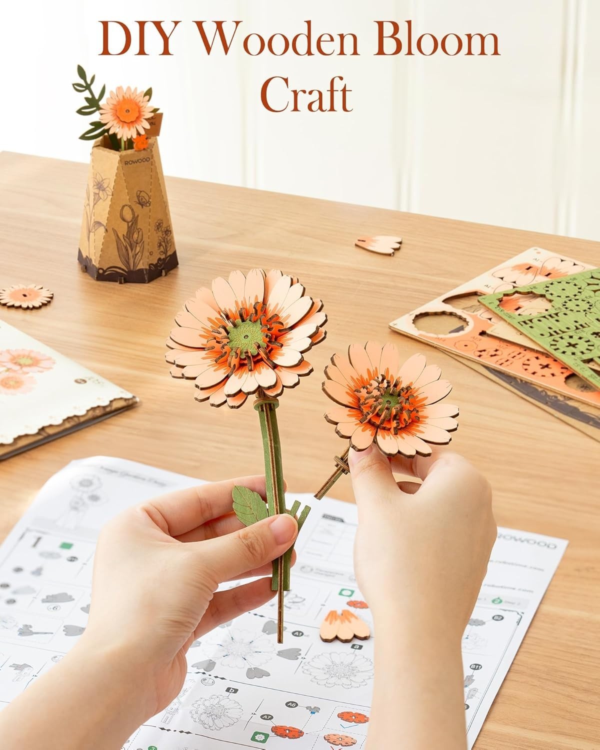 3D Wooden Gerbera Daisy Flower Puzzle Kit for Home Decor & Gifts