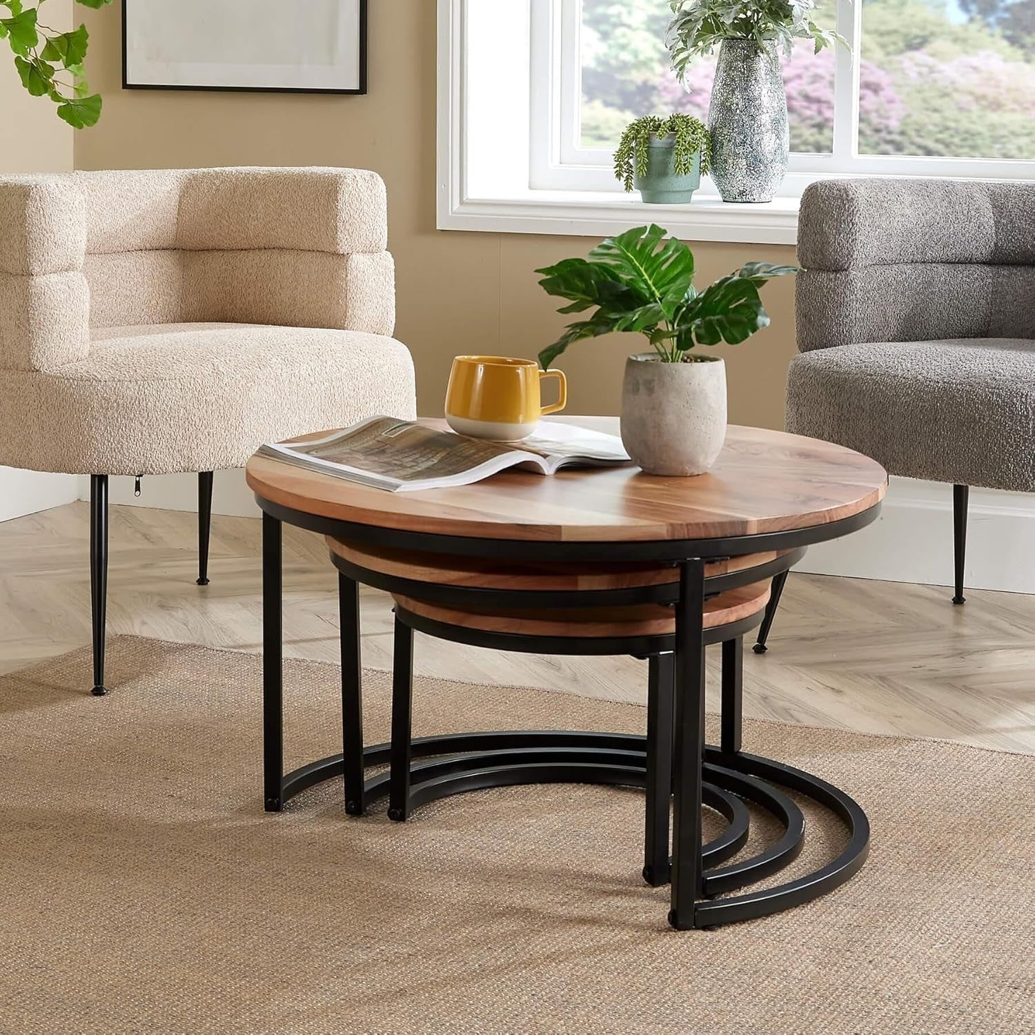 Nest of Tables 3PC Coffee Side End Round Industrial Wood Metal Living Room