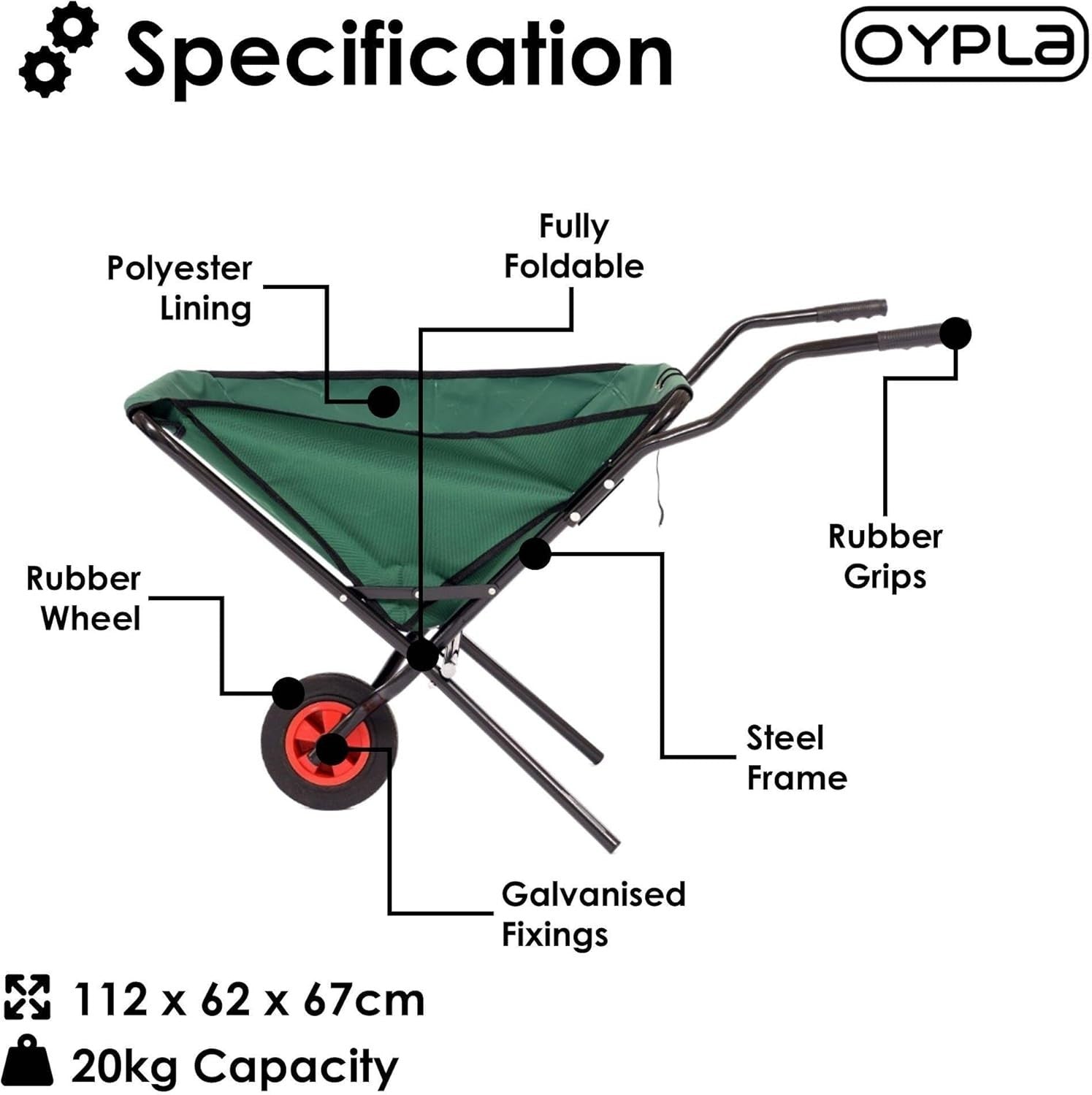 90L - Flat-Free Wheel - Foldable Wheelbarrow - Green - Steel Frame, Compact