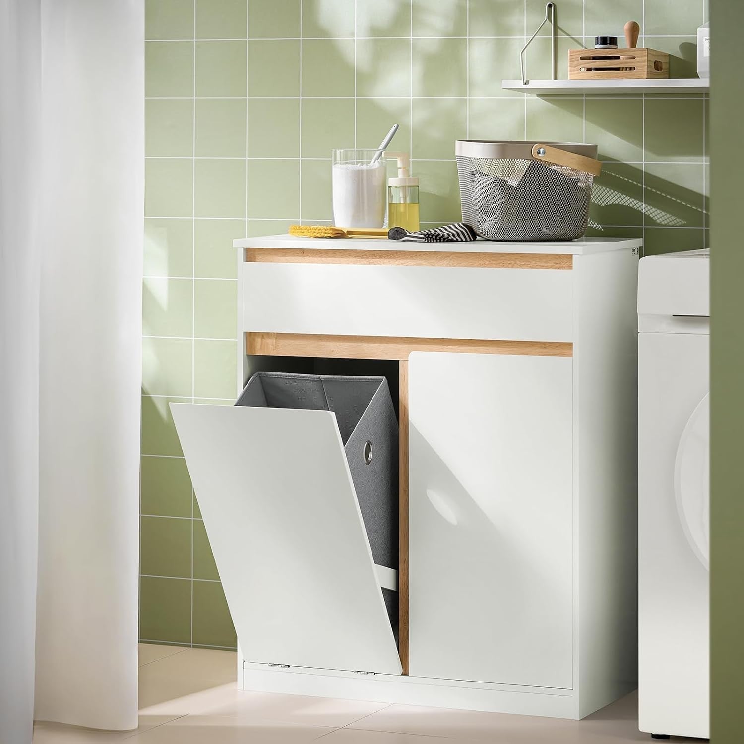 Slim Bathroom Storage Cabinet with Drawer & Laundry Basket White Unit