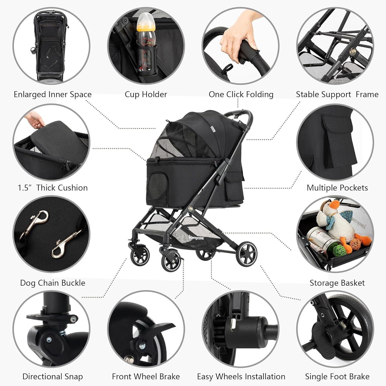 Medium Dog Stroller up to 55lbs No Zip Entry One Click Fold Travel Pram