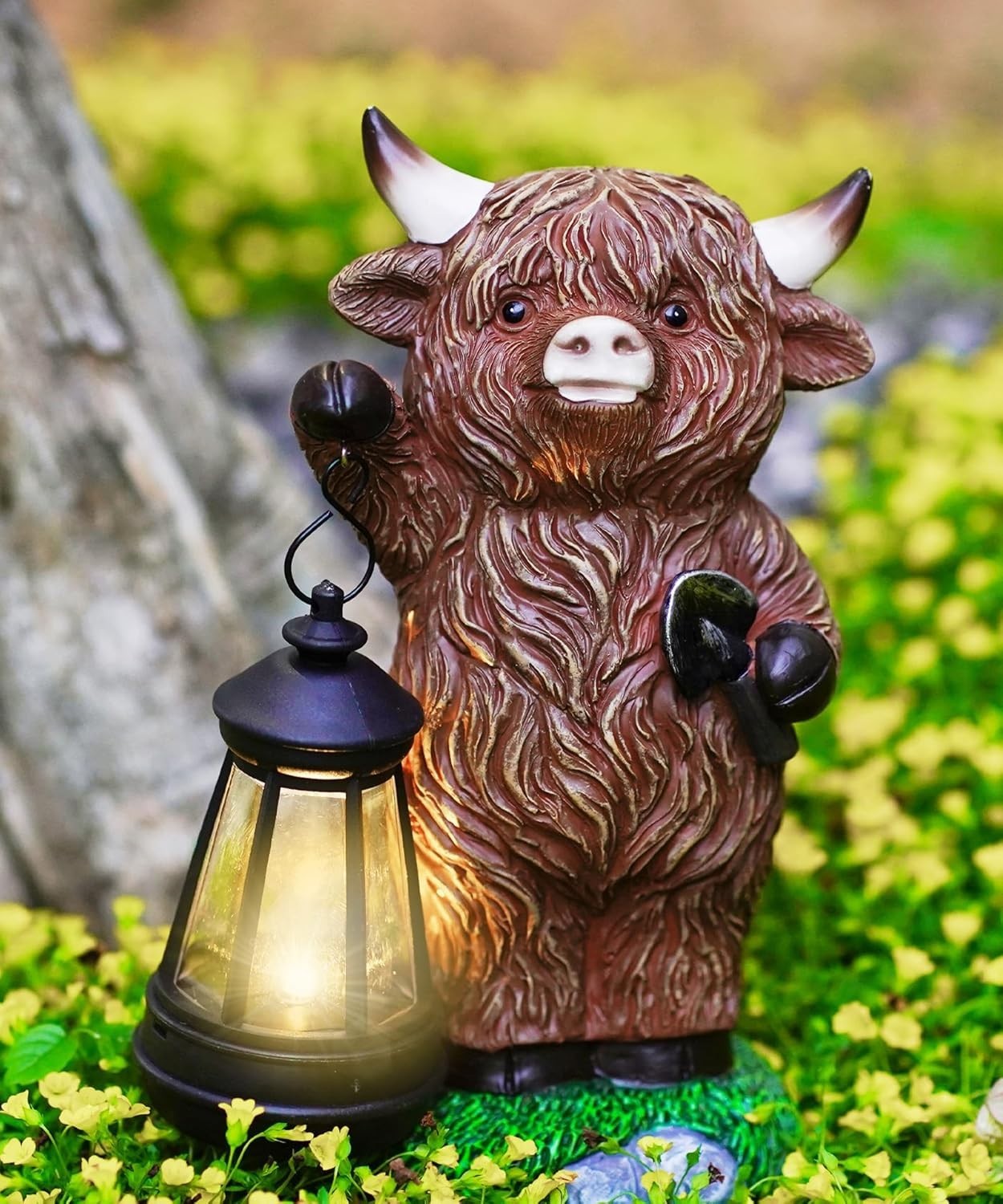 Solar Highland Cow Garden Ornament Lantern | Outdoor Resin Statue Patio Lawn