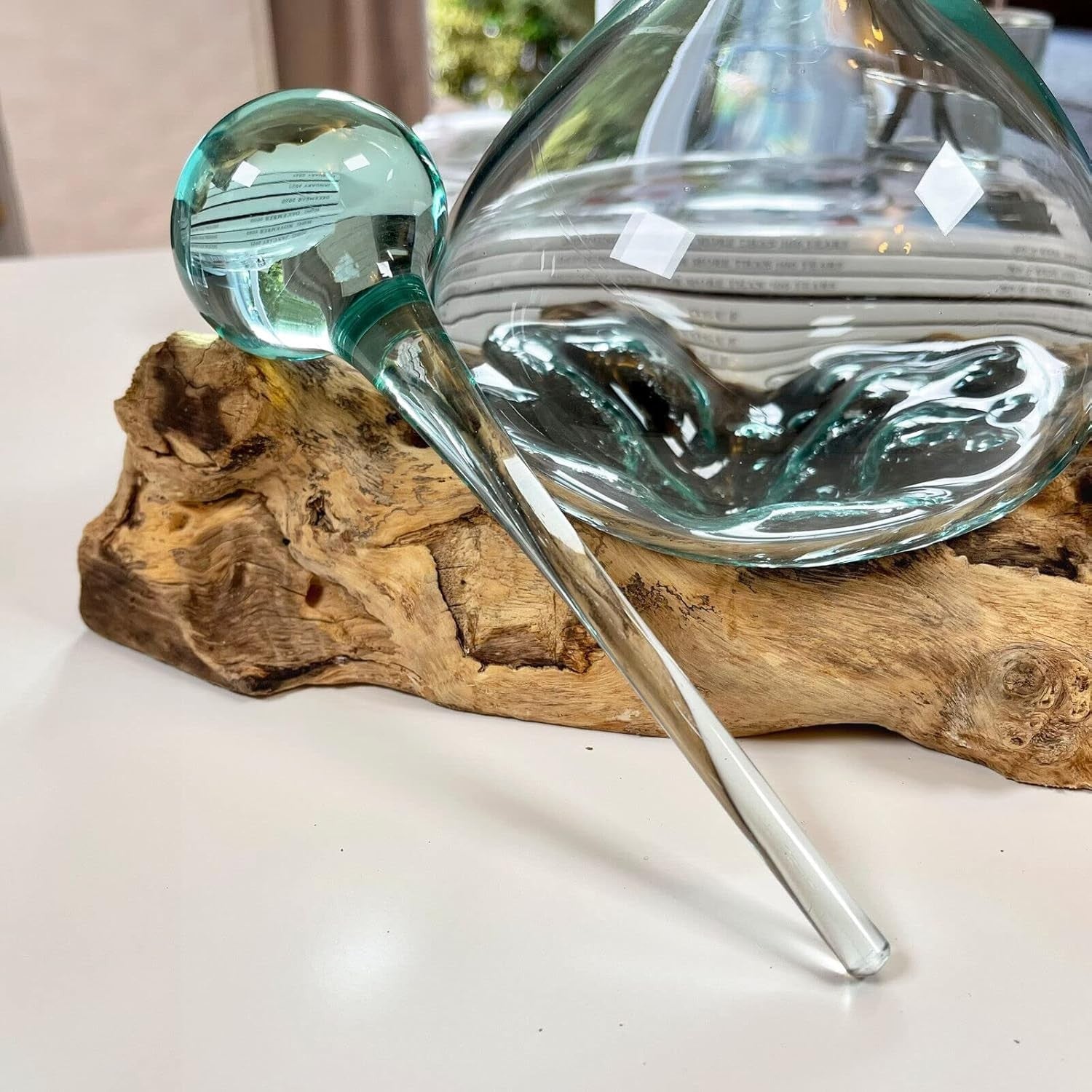 Handmade Molten Glass Whisky Decanter With Teak Root Stand Art Gift
