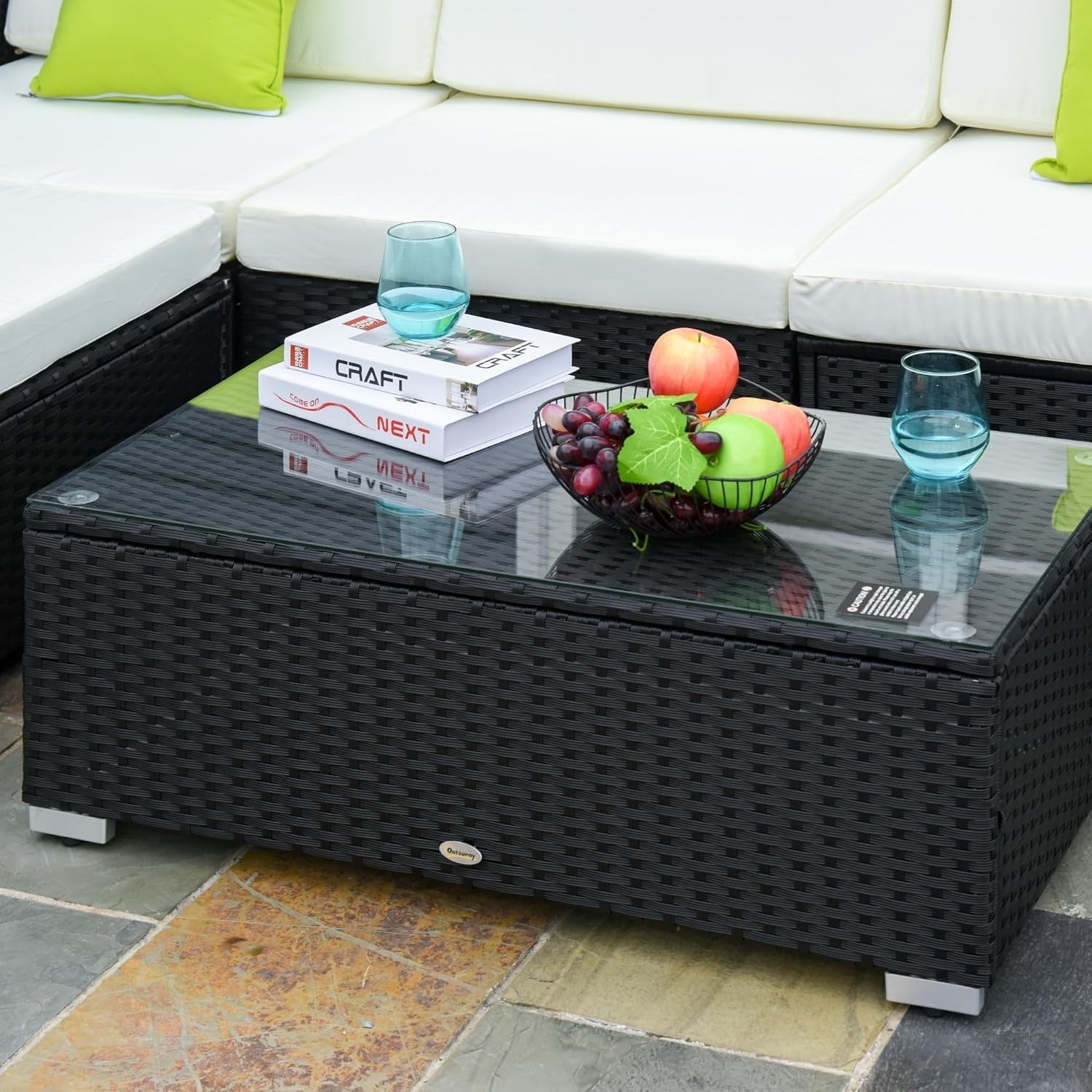 5PC Black PE Rattan Outdoor Sofa Set Cushions Glass Table Patio Furniture