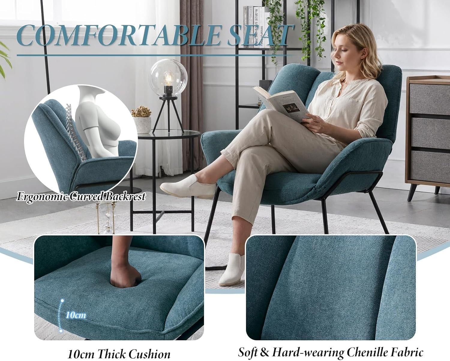 Blue Chenille Accent Tub Chair Metal Legs Modern Armchair