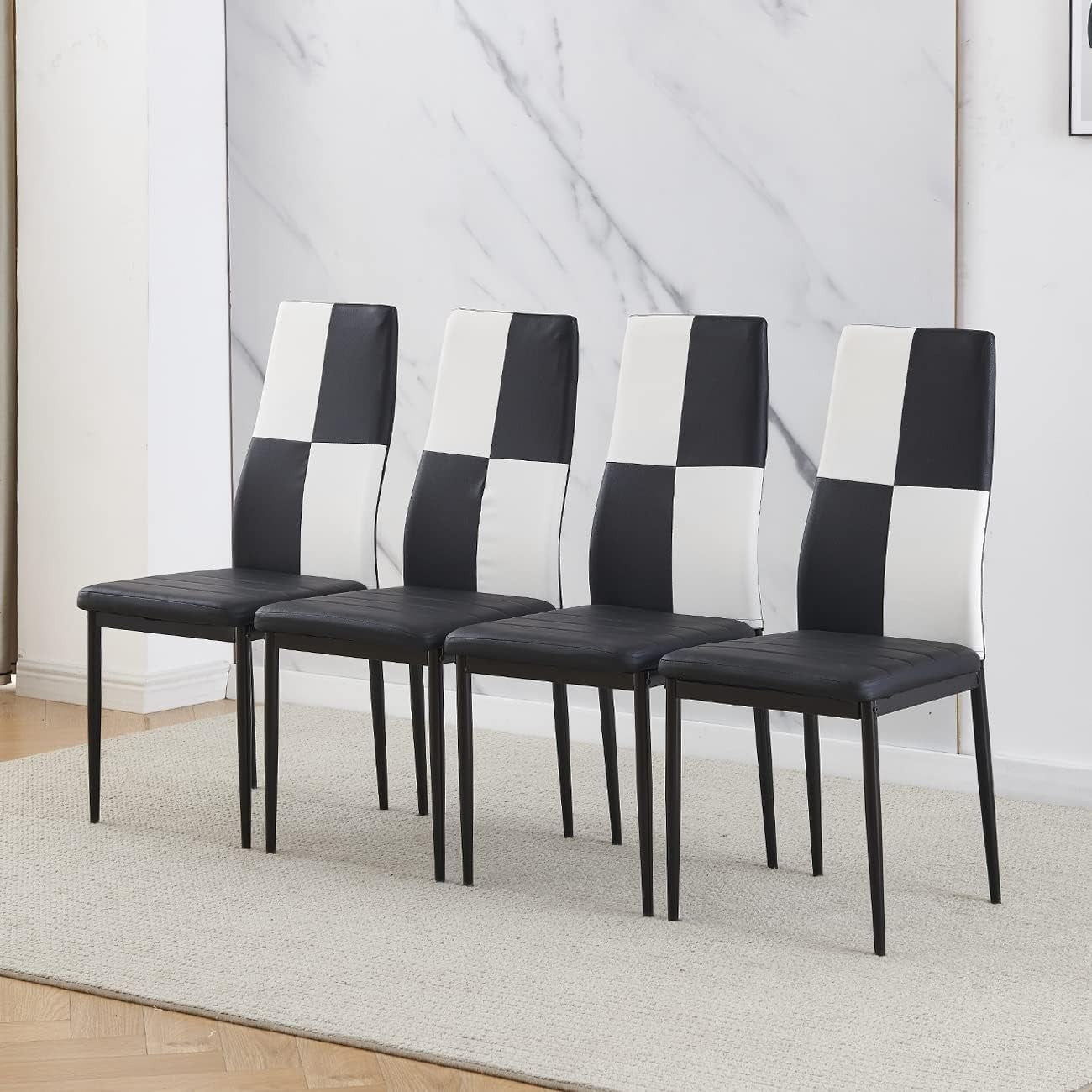 White 4-Seater Dining Table Set with Checked Leather Chairs | Space-Saving
