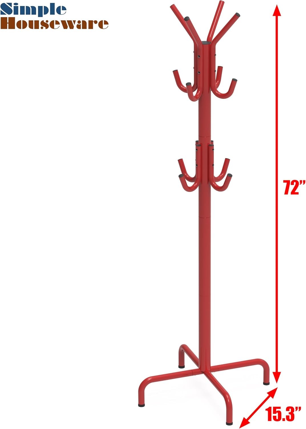 Standing Coat Rack with 12 Hooks | Red Metal Hat & Scarf Organizer Stand
