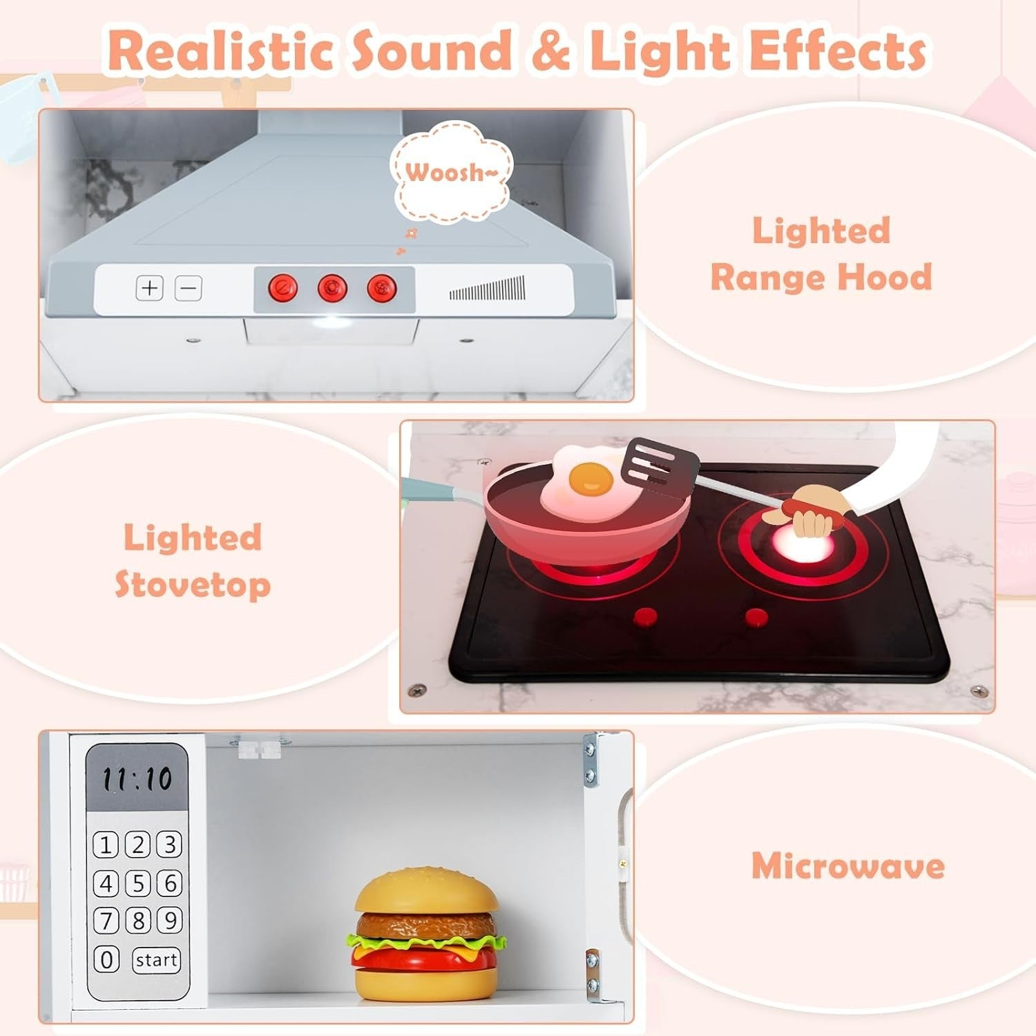 Corner Kids Play Kitchen White w/ Lights Sounds Running Water Set