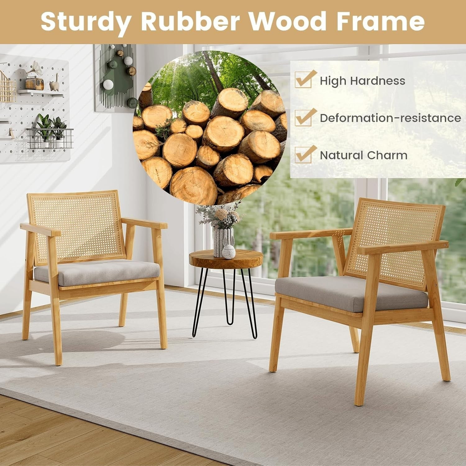 Set of 2 Rattan Accent Armchairs Solid Wood Frame Cushioned Lounge Chairs
