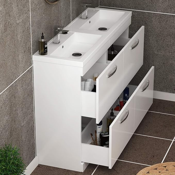 1200mm Gloss White Double Basin Vanity Unit – 4 Drawer Bathroom Sink Cabinet