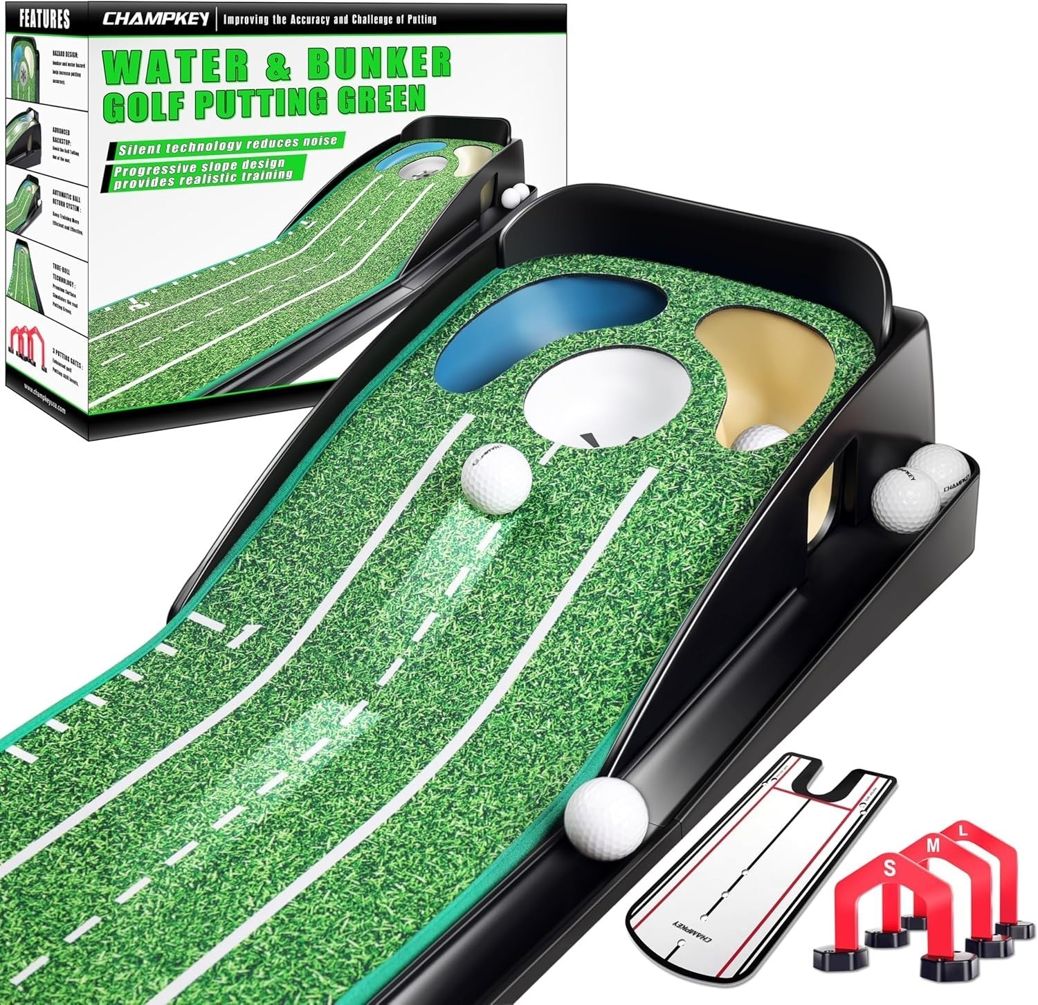Golf Putting Green Trainer Mat w/ Hazards Mirror Gates Indoor Practice