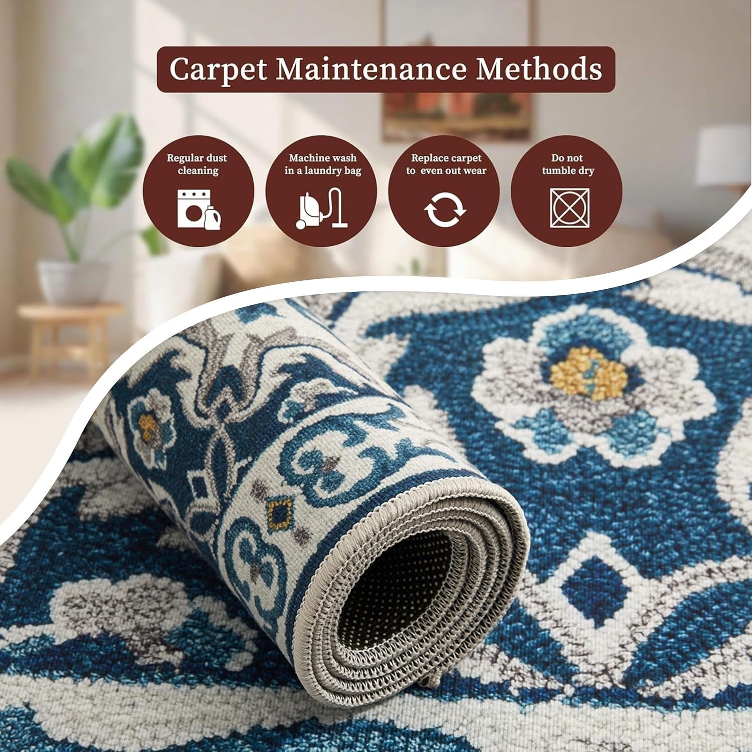 Blue Runner Rug 80x300cm Non Slip Hallway Low Pile Traditional Carpet