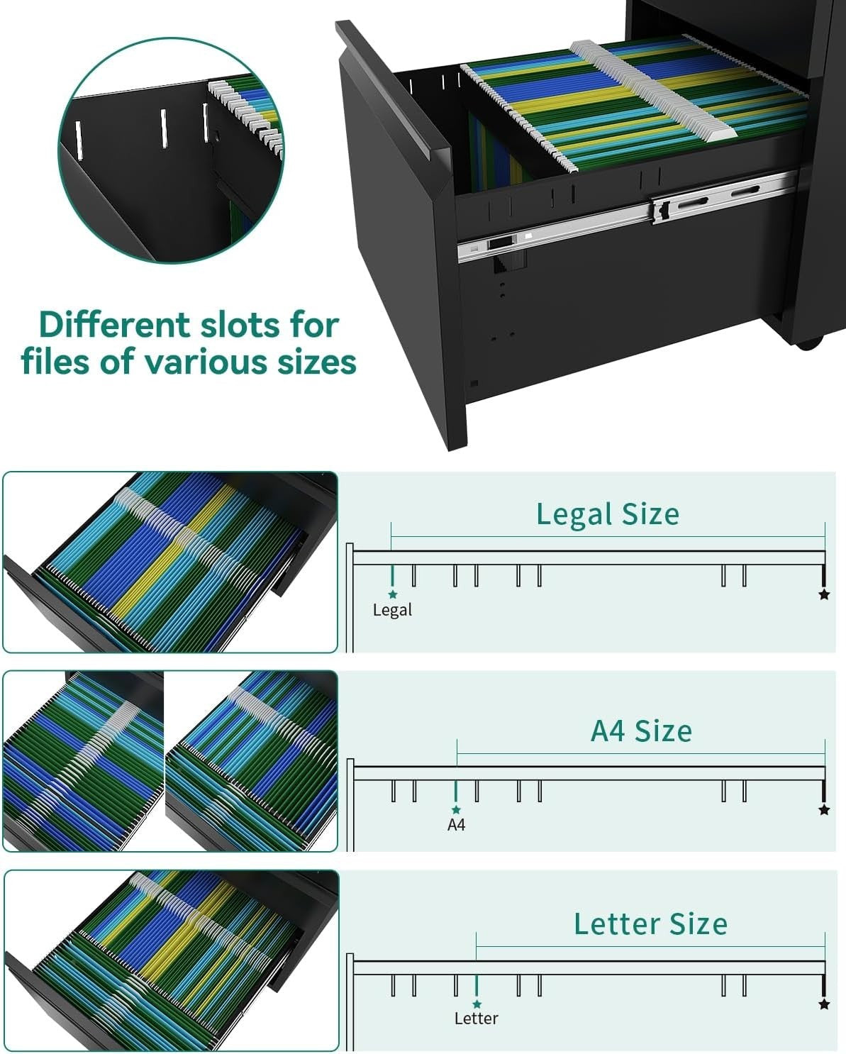 Black Mobile File Cabinet 46x39x62cm Lockable 3 Drawer Steel
