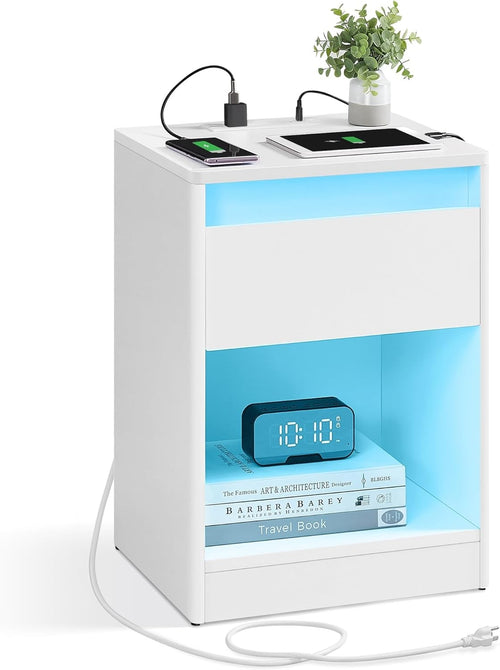 LED Bedside Table with Charging Station, Drawer & Adjustable Light Modes