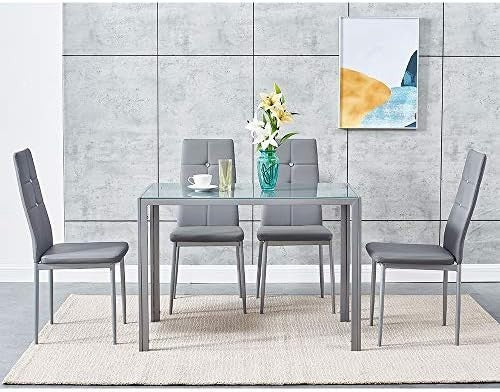 Modern Grey Glass 120x80cm Dining Table Set with 4 Faux Leather Chairs