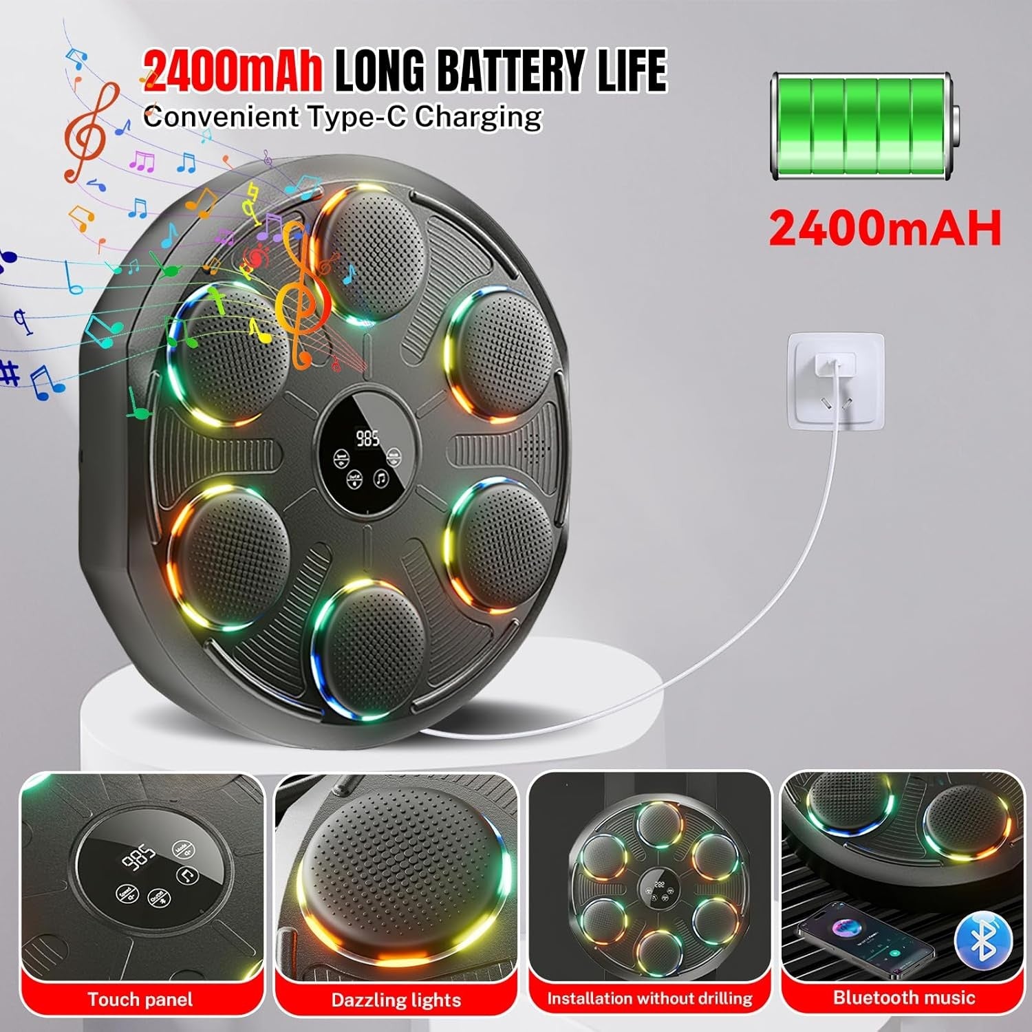 Music Boxing Machine Bluetooth LED Wall Mount Punch Trainer Home Gym Fitness