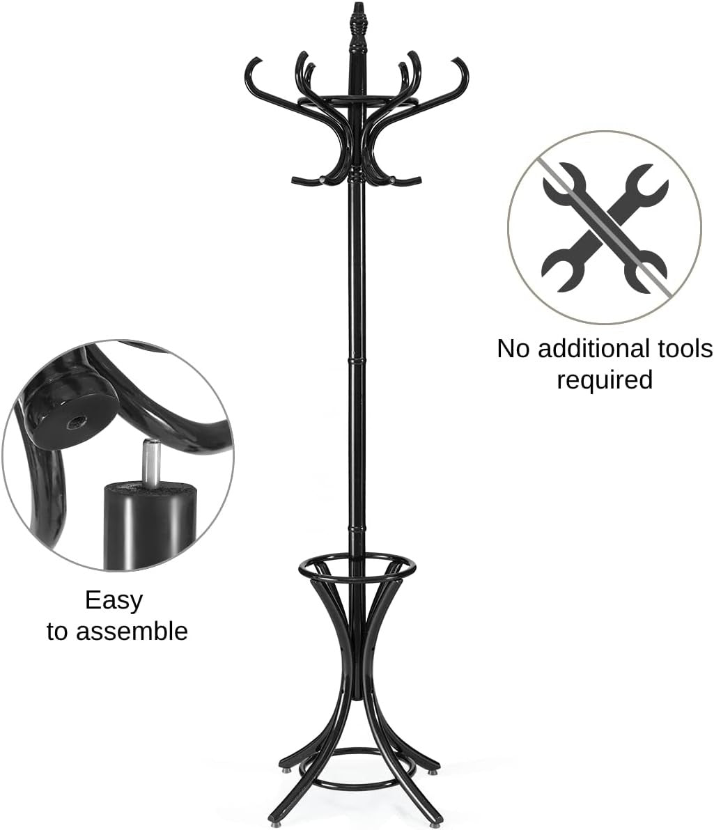 12 Hook Freestanding Wooden Coat Rack Stand with Umbrella Holder – Black