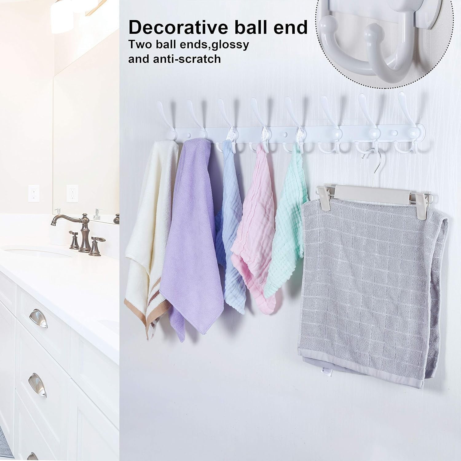2 Pack 75cm Wall Mounted Coat Racks with 8 Hooks | White Metal Hook Rail