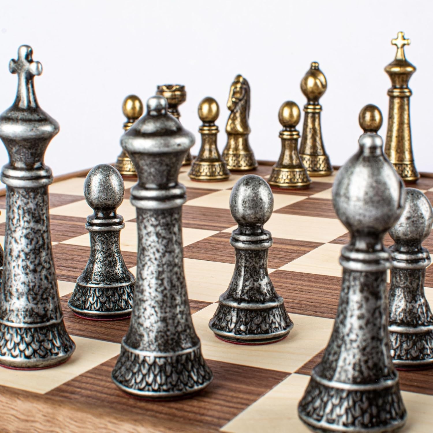 Luxury Brass & Pewter Chess Set 46cm Board | Walnut Wood Storage Box