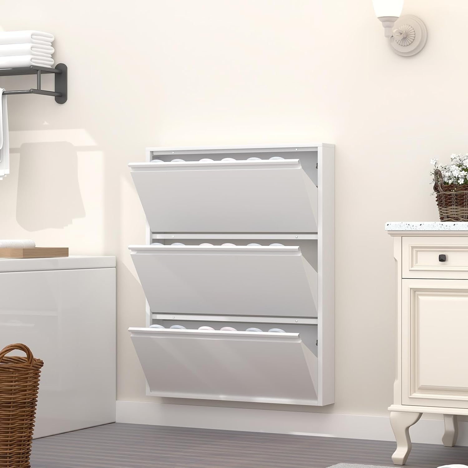 Wall Mounted Narrow Metal Shoe Cabinet 3 Flip Drawers Slim Storage