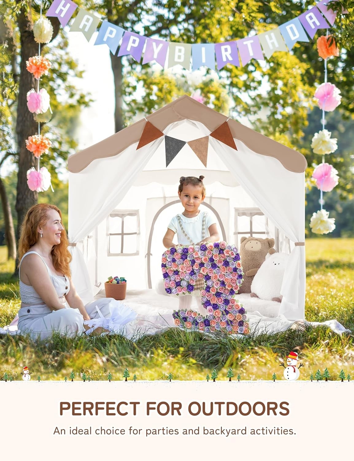 Kids Indoor Castle Tent Bed Canopy with Lights Padded Playhouse Brown