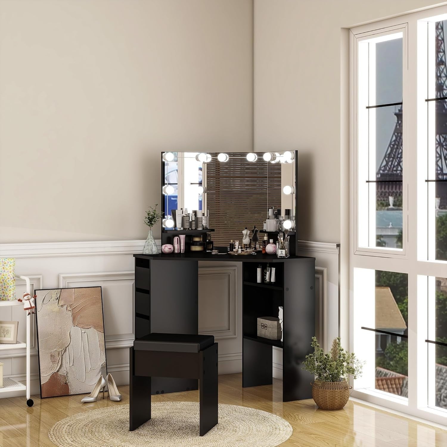 Modern Corner Dressing Table 10 LED Lights 5 Drawers Vanity Mirror Desk Black/Wh