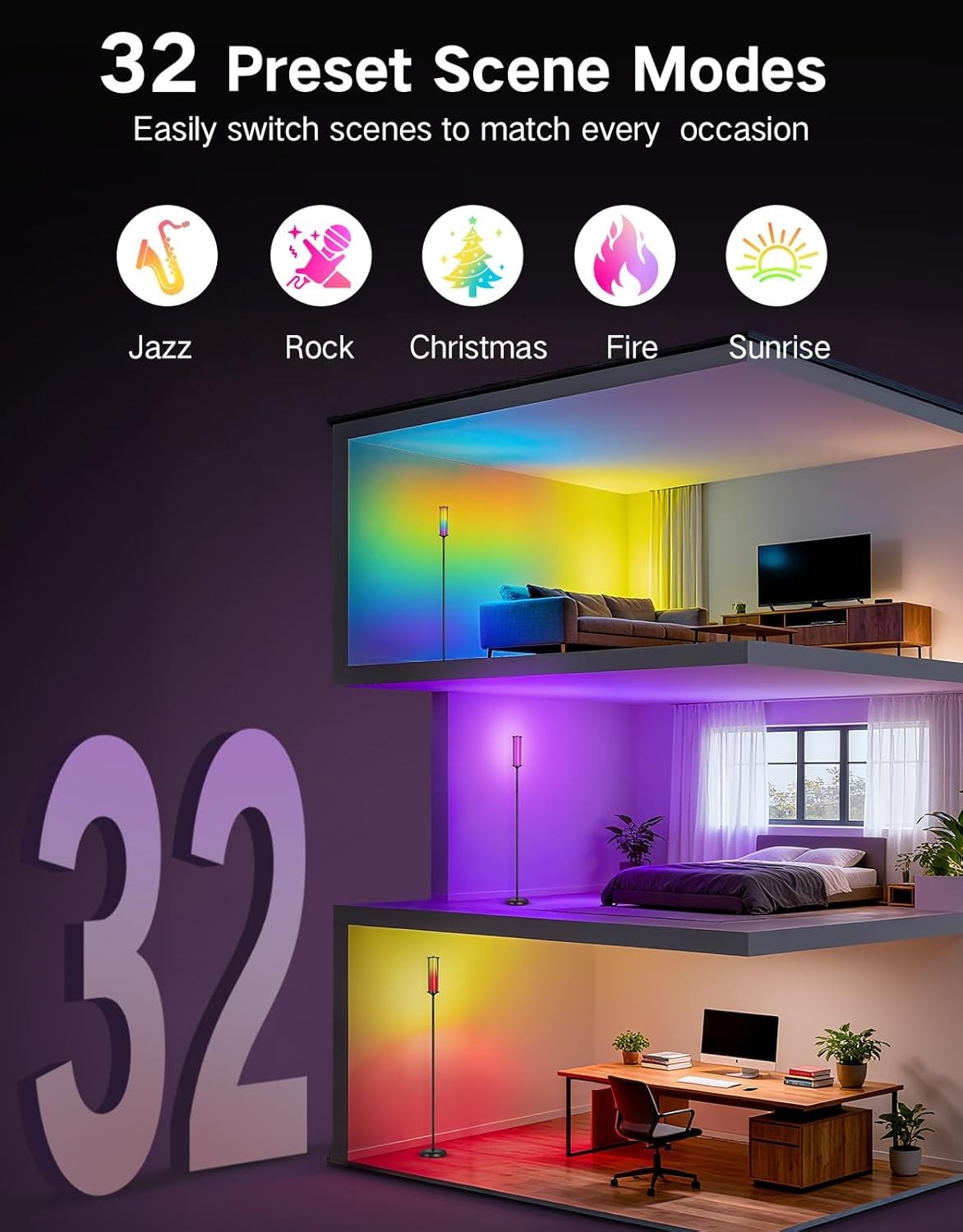 RGB Corner Floor Lamp Smart LED Dimmable App Remote Music Sync