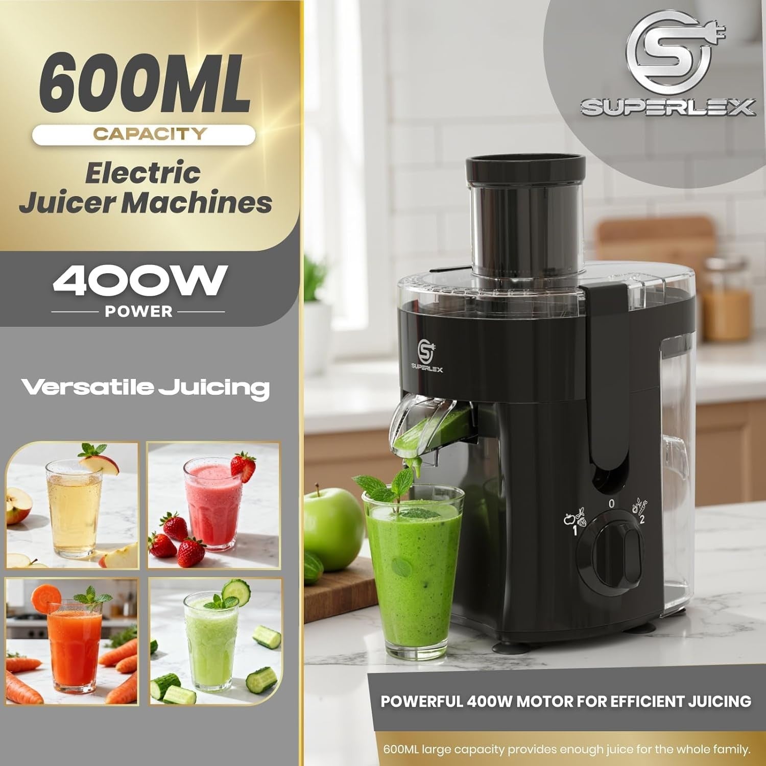 Juicer Machine 65mm Wide Feed Chute 2 Speed Whole Fruit Easy Clean 400W