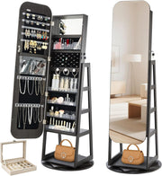 Black 360 Swivel Jewelry Armoire Full Length Mirror Lockable Storage