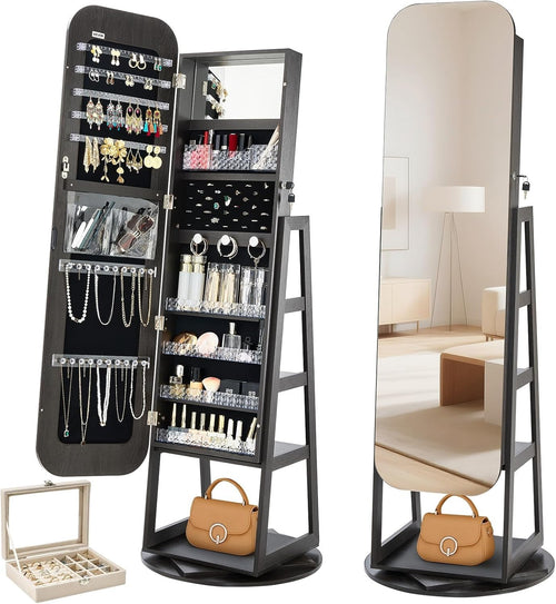 Black 360 Swivel Jewelry Armoire Full Length Mirror Lockable Storage