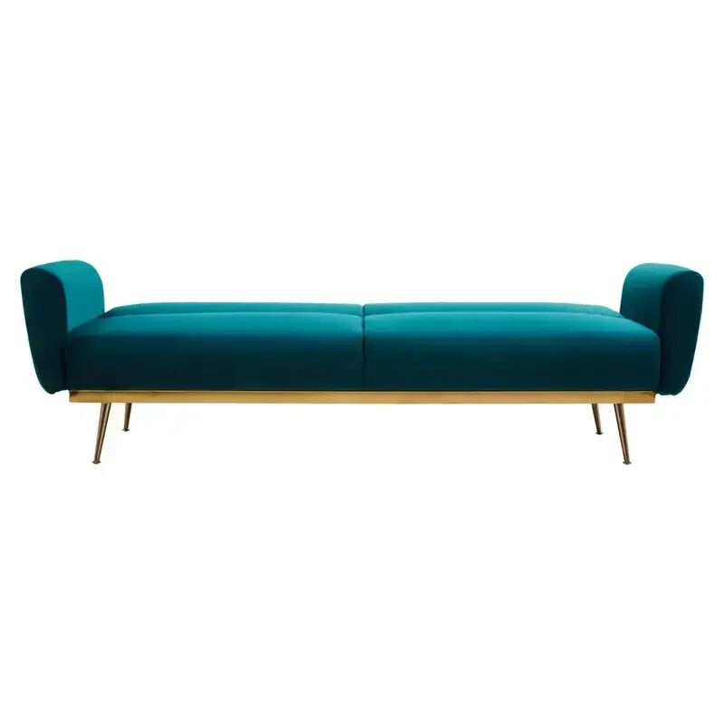 Green Velvet Sofa Bed 3 Seater w/ Gold Legs & Folding Back Modern