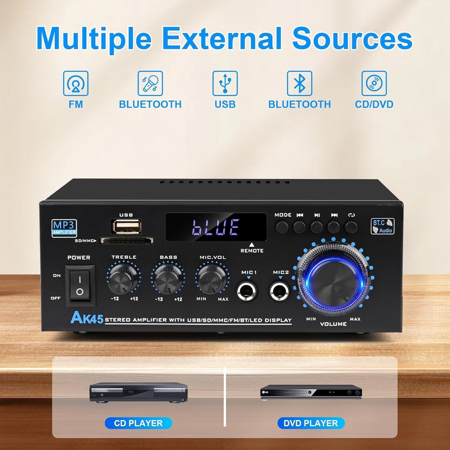 600W Bluetooth 5.0 Stereo HiFi Amplifier USB SD RCA FM Home Car Audio Amp