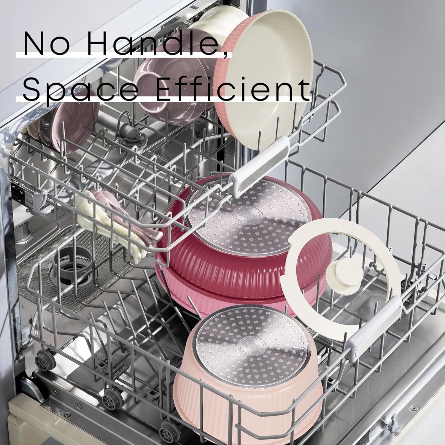 5Pcs Graduated Pink Pots Pans Set with Lids & Detachable Handle Induction Safe
