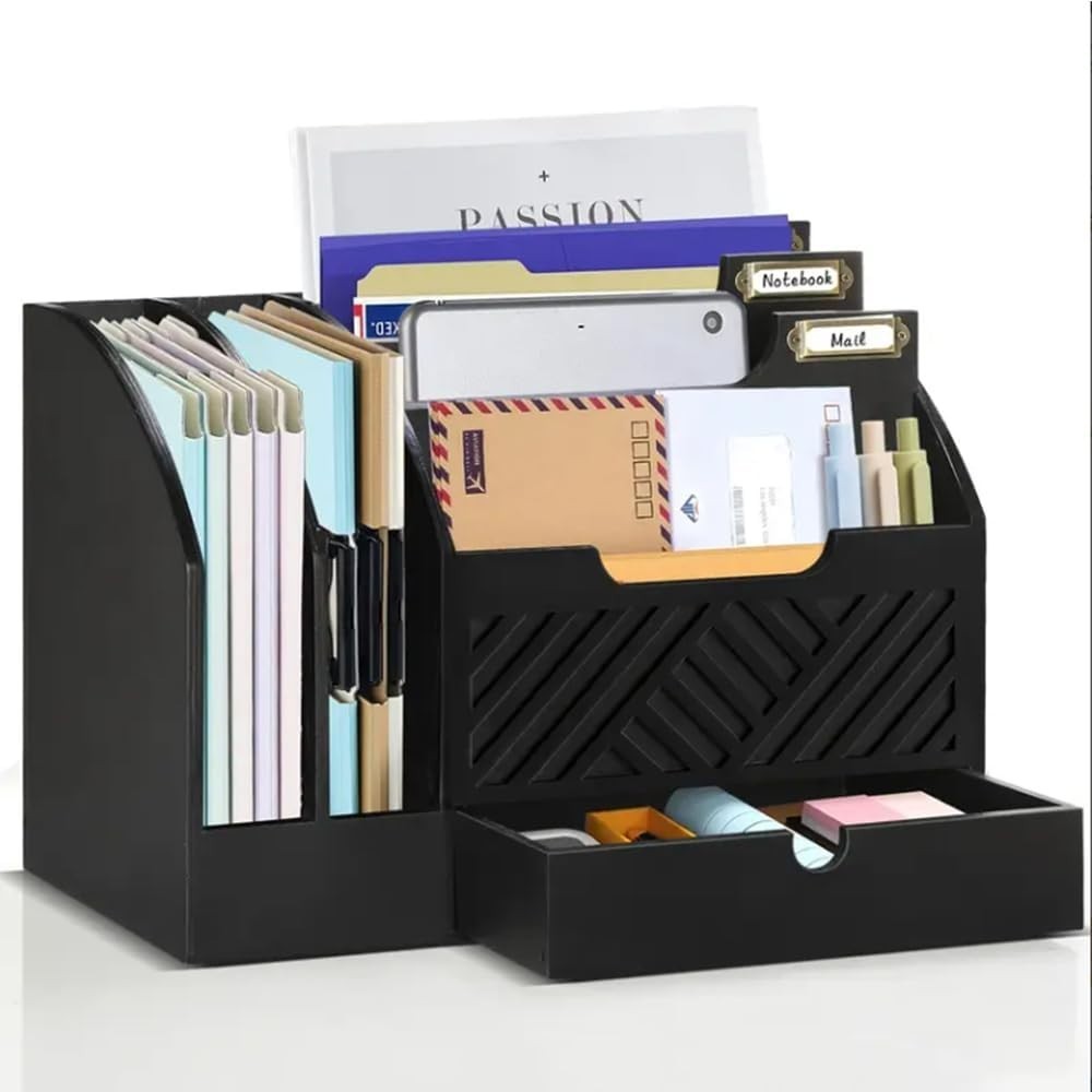 Wooden Desk Organizer Mail Sorter with Drawer & Storage for Office Home