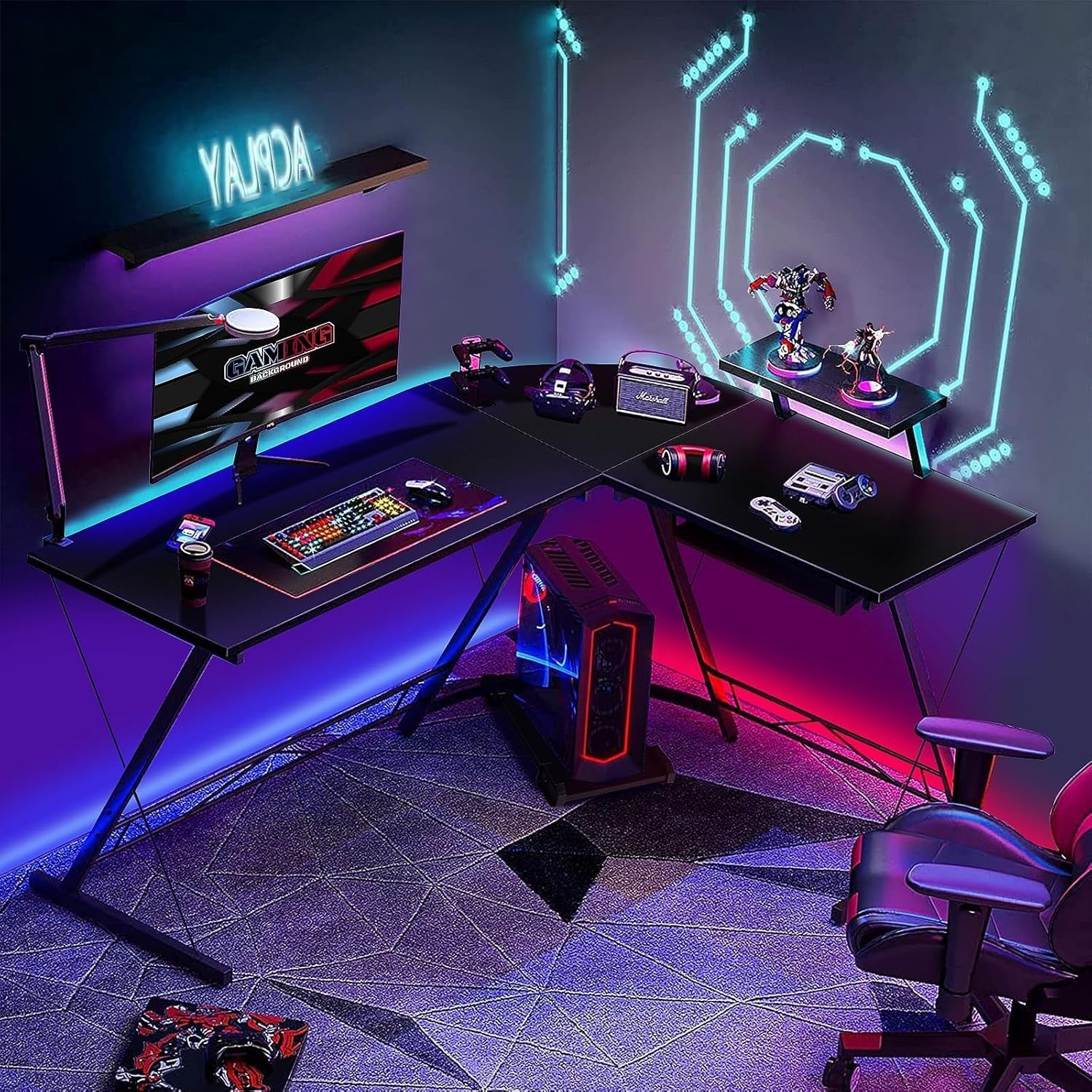 Black L-Shaped Computer Desk with Keyboard Tray & Monitor Shelf
