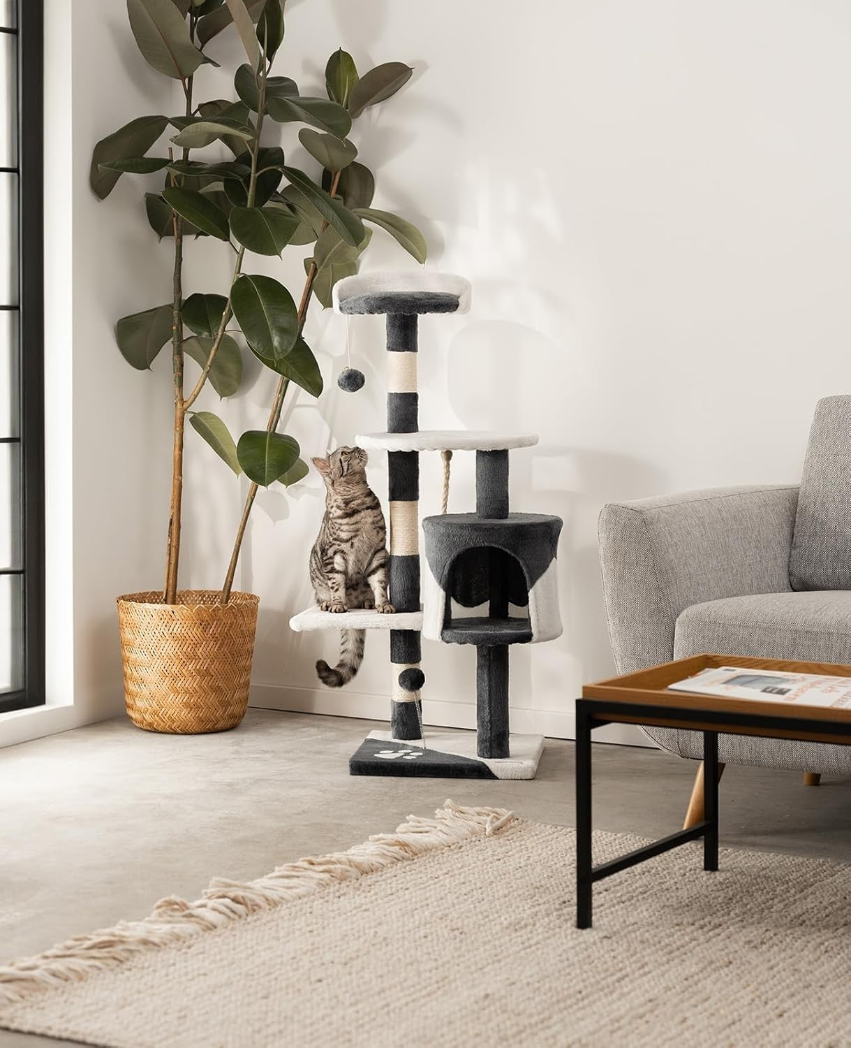 Cat Tree Scratching Post 112cm Condo Tower Sisal Rope Grey White