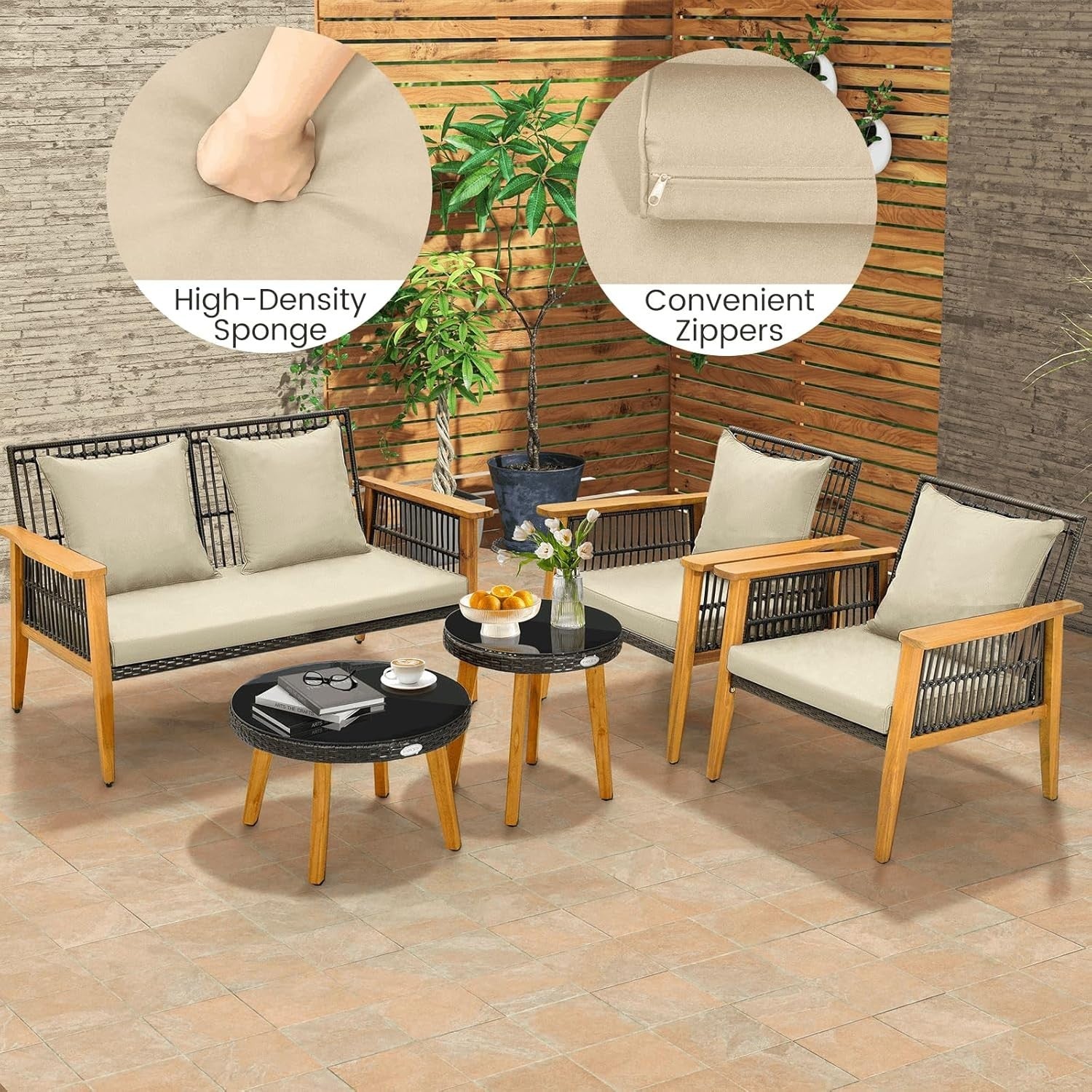 5 Piece Rattan Garden Conversation Set Sofa Chairs Tables Outdoor Patio