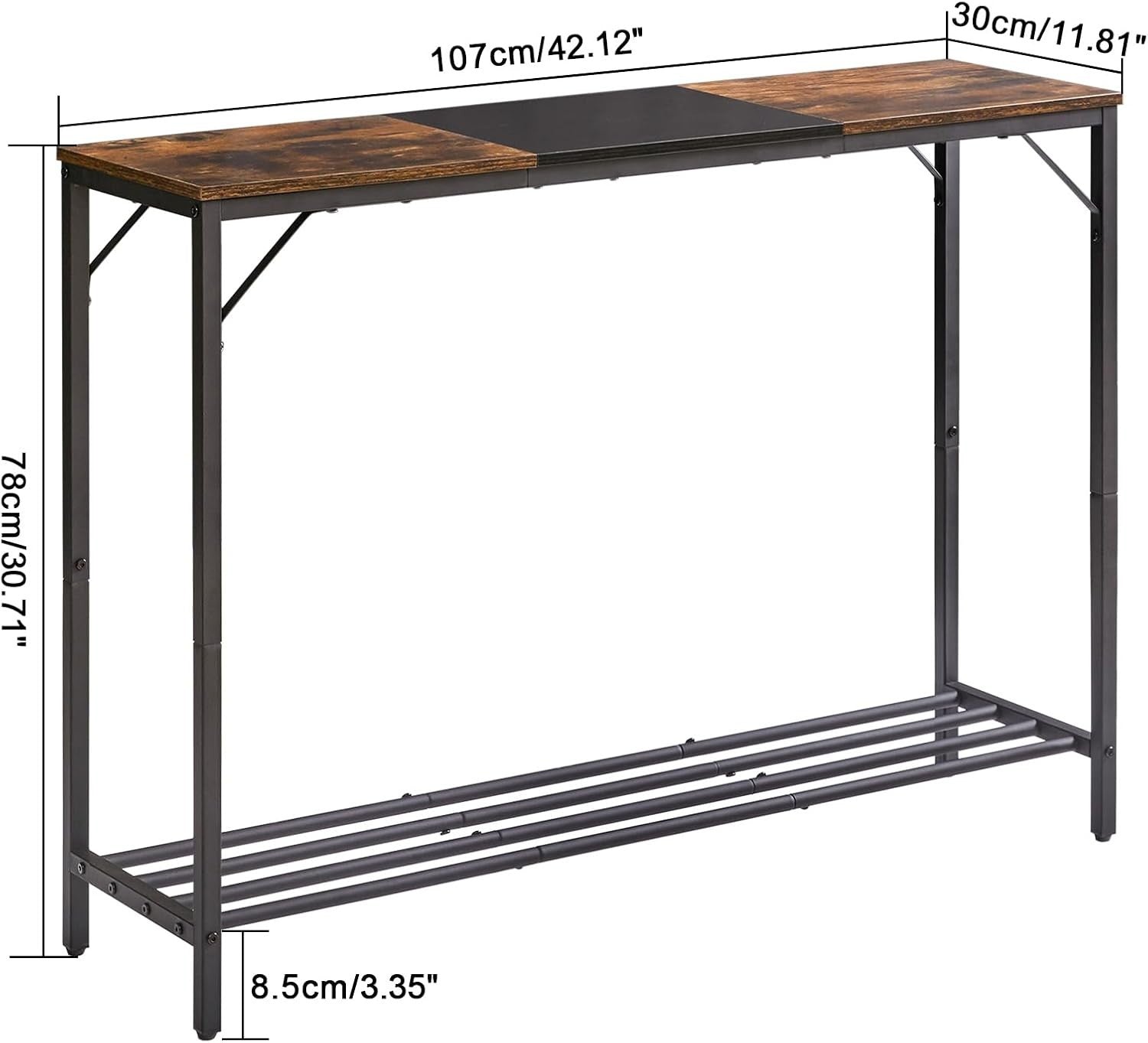Industrial Narrow Console Table 107cm Sturdy Metal Frame Storage Shelf