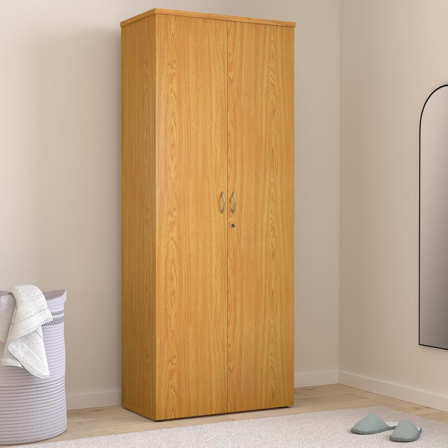 Tall Oak Lockable Office Cupboard 4 Shelf Storage Cabinet 200cm