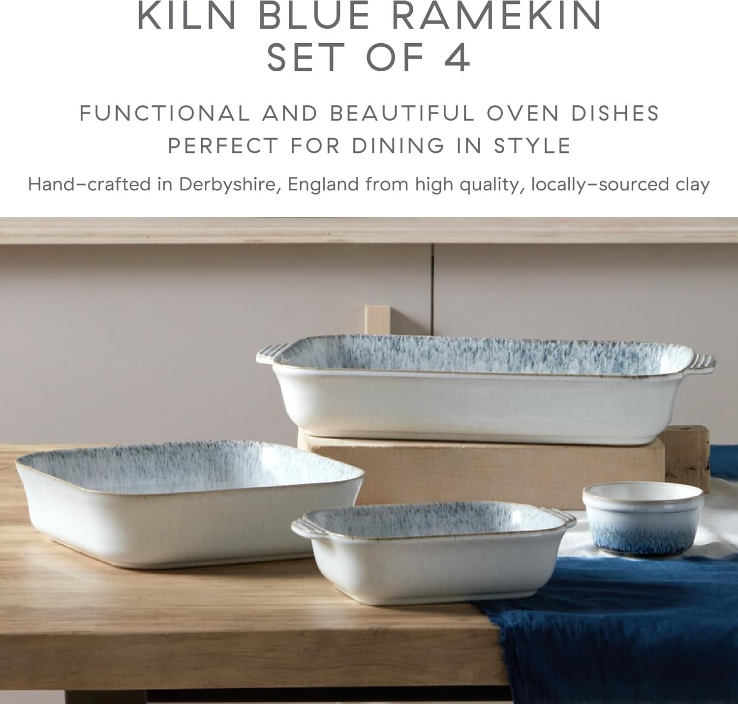 4 Pcs kiln Blue Stoneware Ramekins 170ml Oven Microwave Dishwasher Safe