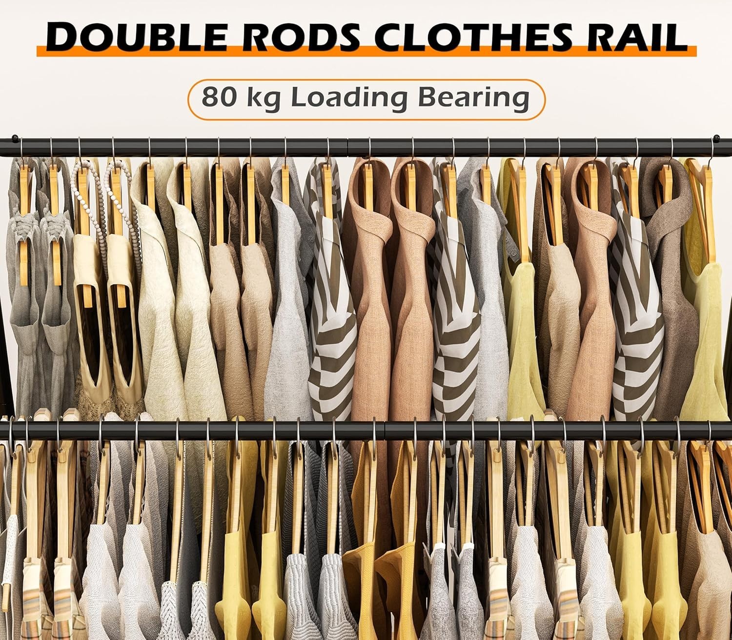 Double Clothes Rail 80KG Heavy Duty Rack With Shelf Black