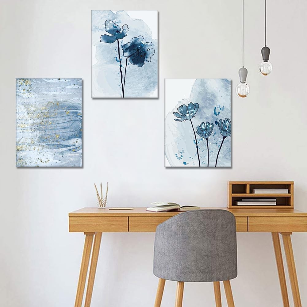 3 Piece Blue Gold Abstract Canvas Wall Art 30x40cm Framed Set