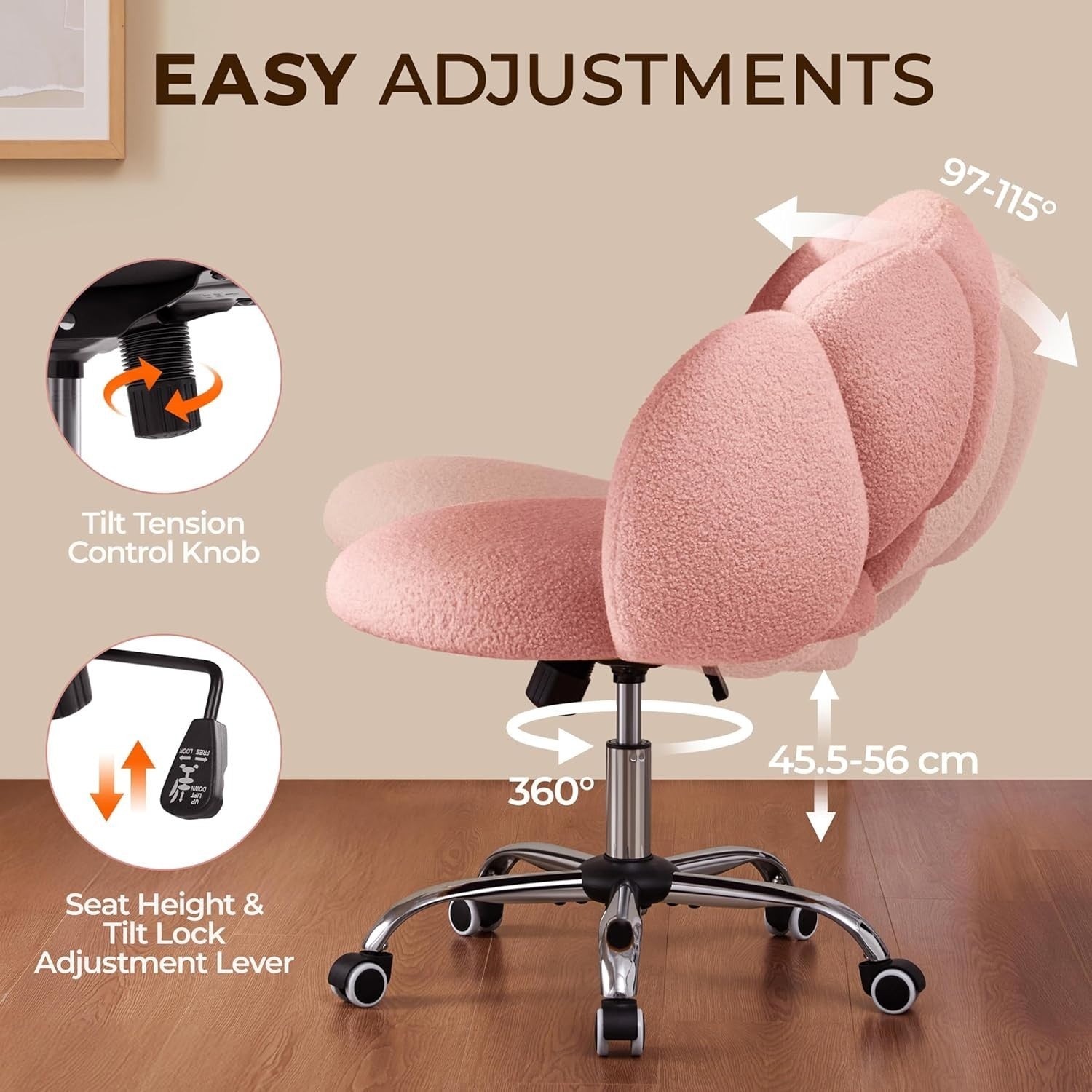 Pink Boucle Cloud Vanity Chair Swivel Adjustable Desk Chair with Wheels