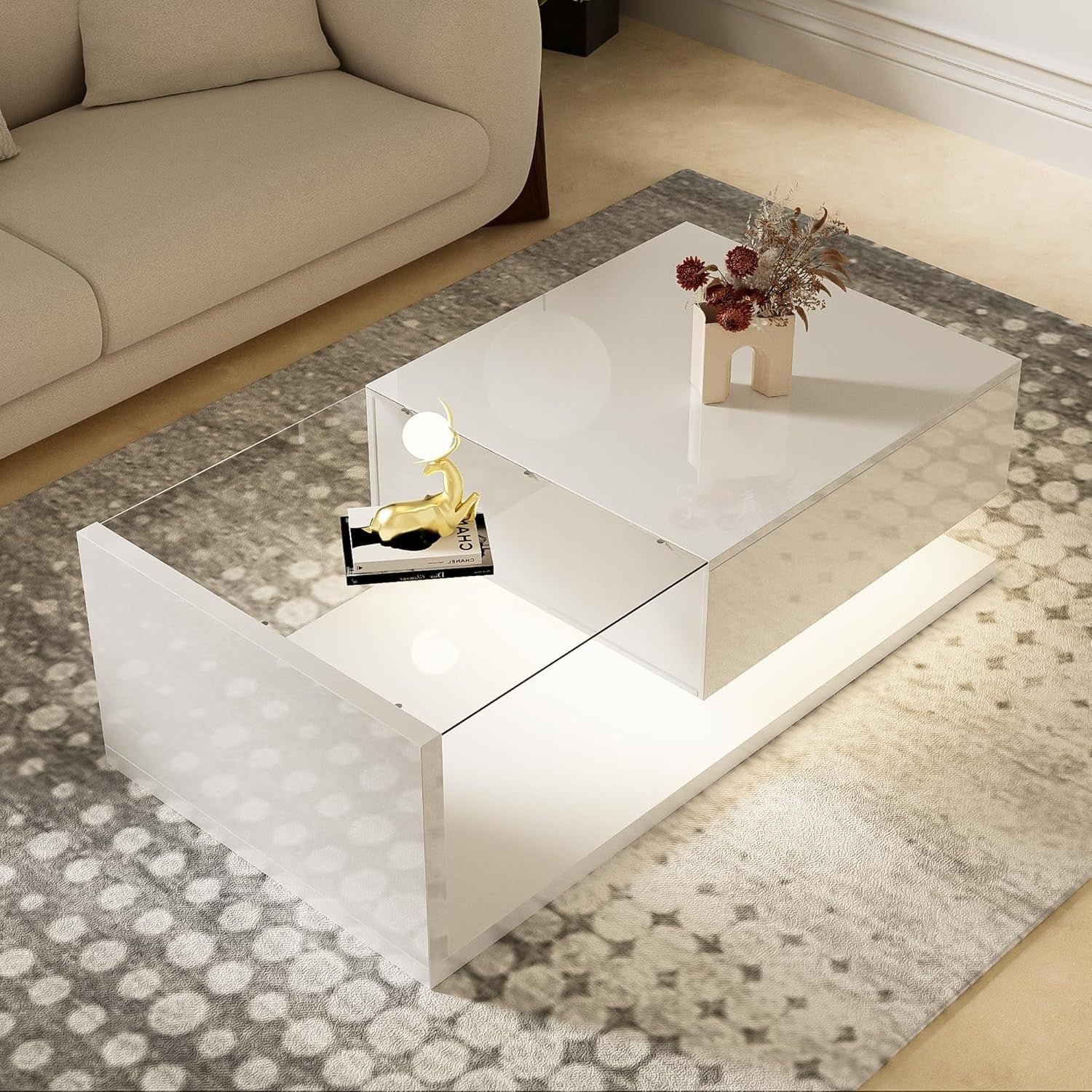LED Coffee Table with Storage Compartment & 16-Color Lights, 105x55x32.5cm