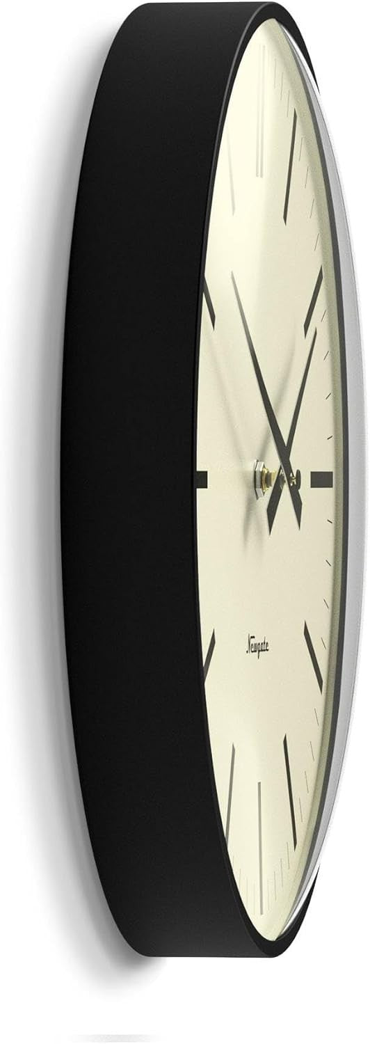 Retro Wall Clock Silent Non-Ticking 33cm Metal Frame Domed Glass Black
